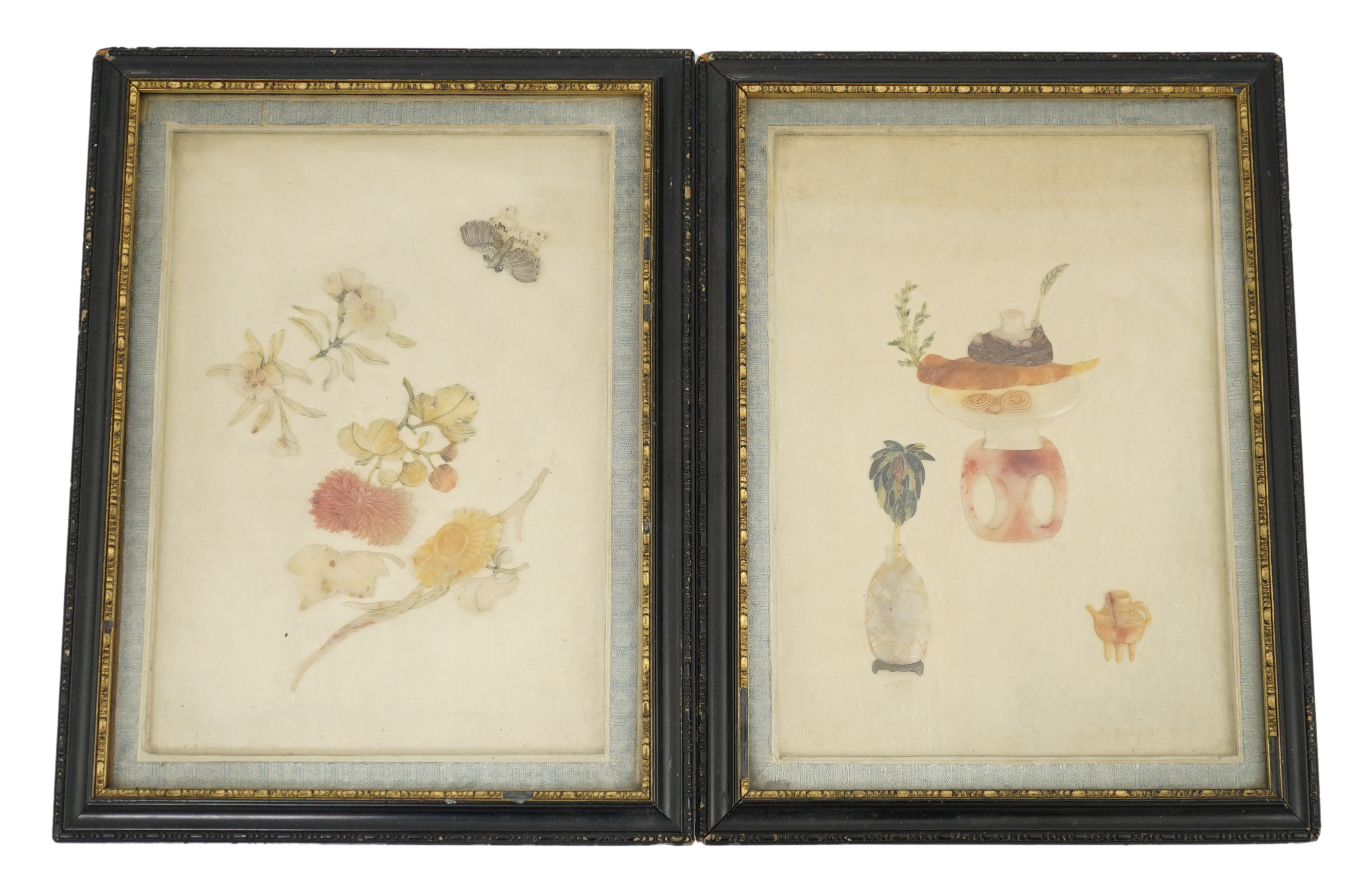 A pair of Chinese hardstone or soapstone appliqué work pictures of antiques, early 20th century